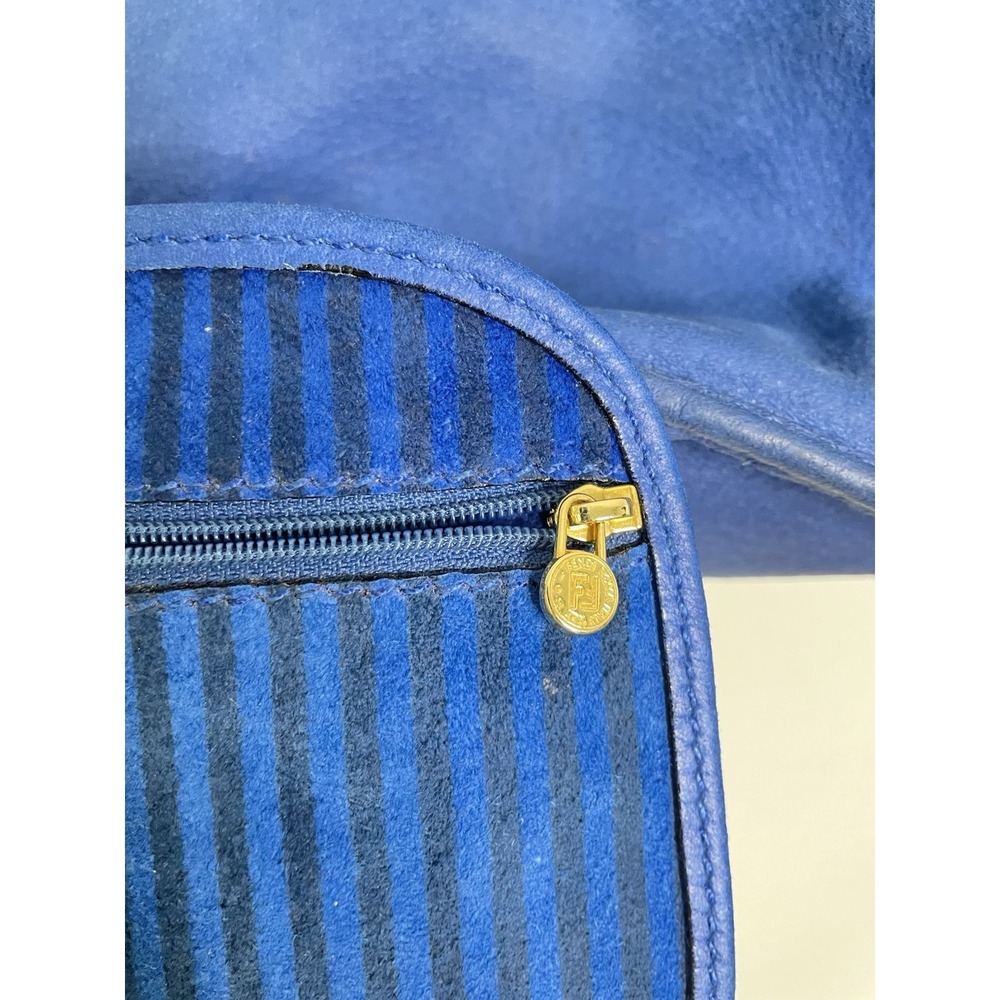 Vintage 80s FENDI Blue Drawstring Shoulder Bag Leather FF Logo - Picture 7 of 8